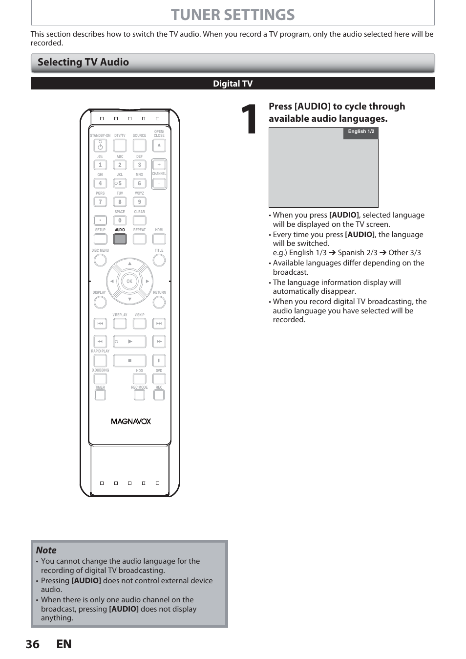 Selecting tv audio, Tuner settings, 36 en 36 en | Digital tv | Philips Magnavox Hdd& Dvd Player/Recorder With Digital Tuner F7 User Manual | Page 36 / 128