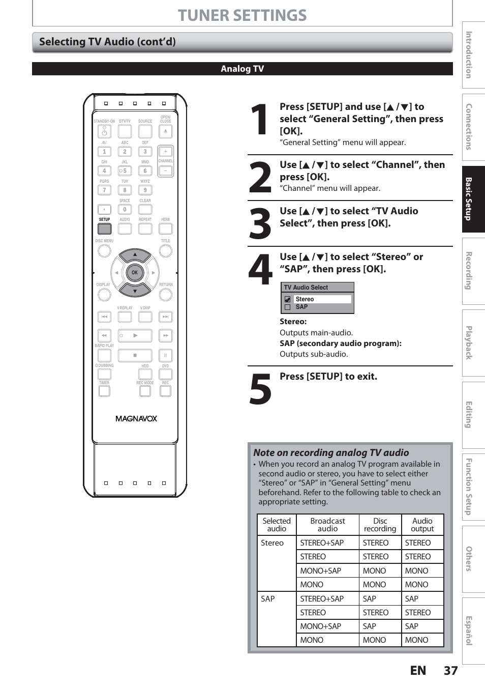 Tuner settings, 37 en 37 en, Selecting tv audio (cont’d) | Philips Magnavox Hdd& Dvd Player/Recorder With Digital Tuner F7 User Manual | Page 37 / 128