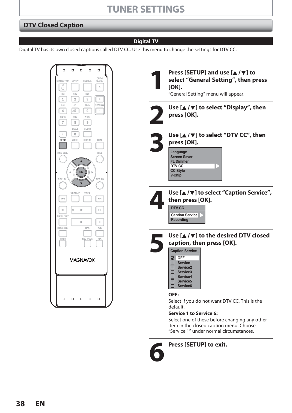 Dtv closed caption, Tuner settings, 38 en 38 en | Philips Magnavox Hdd& Dvd Player/Recorder With Digital Tuner F7 User Manual | Page 38 / 128