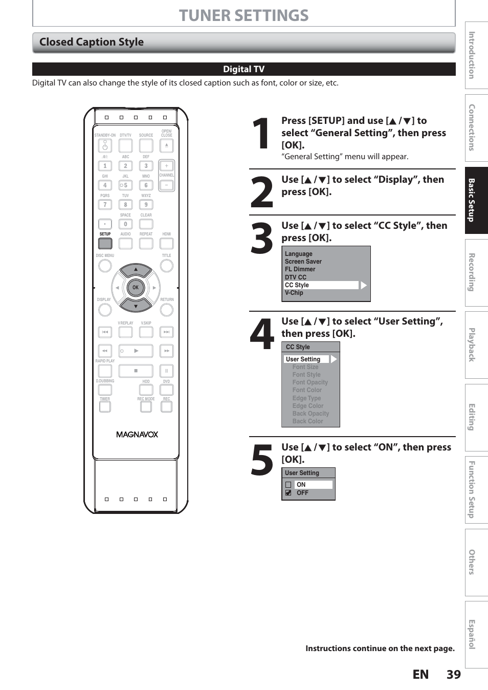 Closed caption style, Tuner settings, 39 en 39 en | Philips Magnavox Hdd& Dvd Player/Recorder With Digital Tuner F7 User Manual | Page 39 / 128