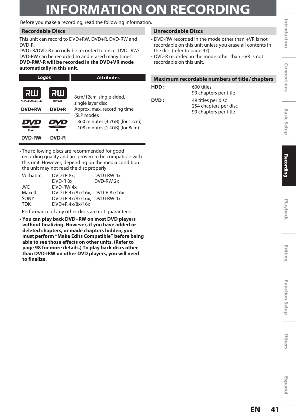 Information on recording, 41 en 41 en | Philips Magnavox Hdd& Dvd Player/Recorder With Digital Tuner F7 User Manual | Page 41 / 128