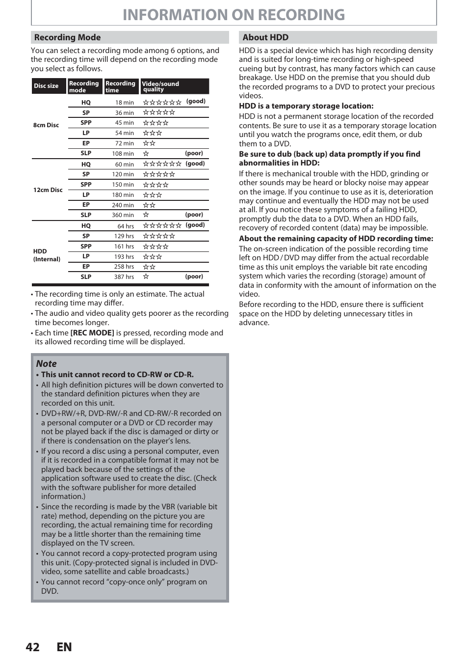 Information on recording, 42 en 42 en | Philips Magnavox Hdd& Dvd Player/Recorder With Digital Tuner F7 User Manual | Page 42 / 128