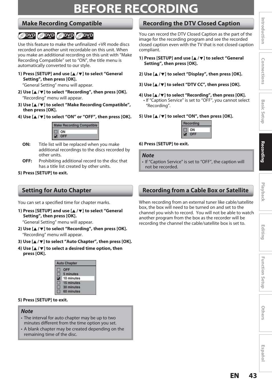 Before recording, Make recording compatible, Setting for auto chapter | Recording the dtv closed caption, Recording from a cable box or satellite, 43 en en, Make recording compatible setting for auto chapter | Philips Magnavox Hdd& Dvd Player/Recorder With Digital Tuner F7 User Manual | Page 43 / 128