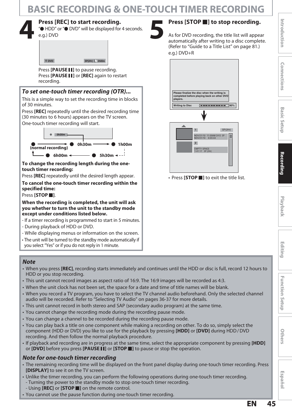 Basic recording & one-touch timer recording, 45 en 45 en | Philips Magnavox Hdd& Dvd Player/Recorder With Digital Tuner F7 User Manual | Page 45 / 128