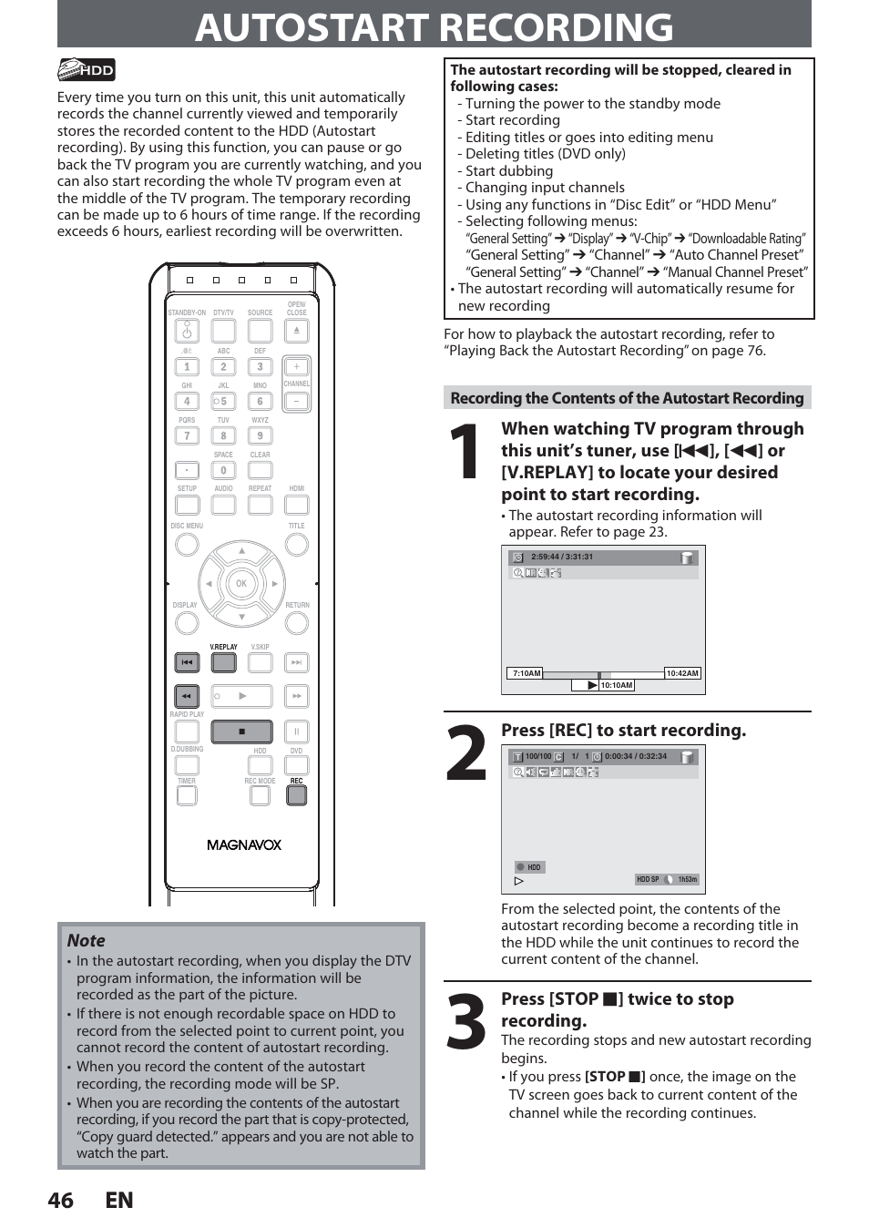 Autostart recording, 46 en 46 en, Press [rec] to start recording | Press [stop c ] twice to stop recording | Philips Magnavox Hdd& Dvd Player/Recorder With Digital Tuner F7 User Manual | Page 46 / 128