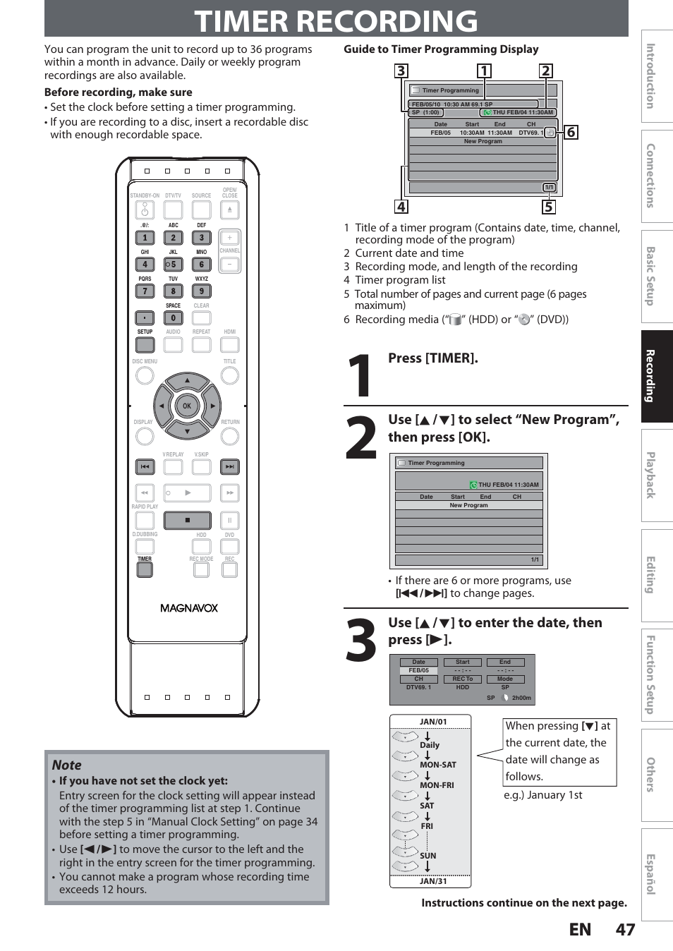 Timer recording, 47 en 47 en, Press [timer | Use [ k / l ] to enter the date, then press [ b | Philips Magnavox Hdd& Dvd Player/Recorder With Digital Tuner F7 User Manual | Page 47 / 128