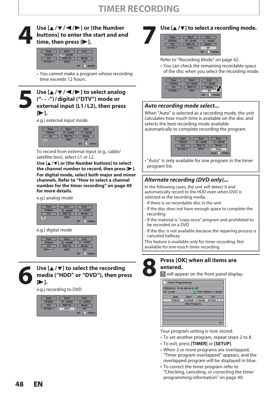 Timer recording, 48 en 48 en, Use [ k / l ] to select a recording mode | Auto recording mode select, Alternate recording (dvd only), Press [ok] when all items are entered | Philips Magnavox Hdd& Dvd Player/Recorder With Digital Tuner F7 User Manual | Page 48 / 128