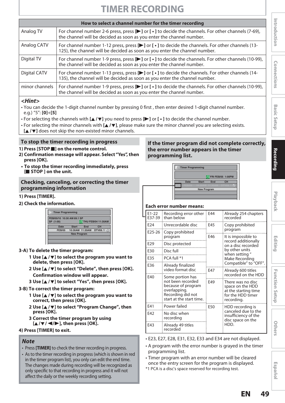 Timer recording, 49 en 49 en, Hint | Philips Magnavox Hdd& Dvd Player/Recorder With Digital Tuner F7 User Manual | Page 49 / 128