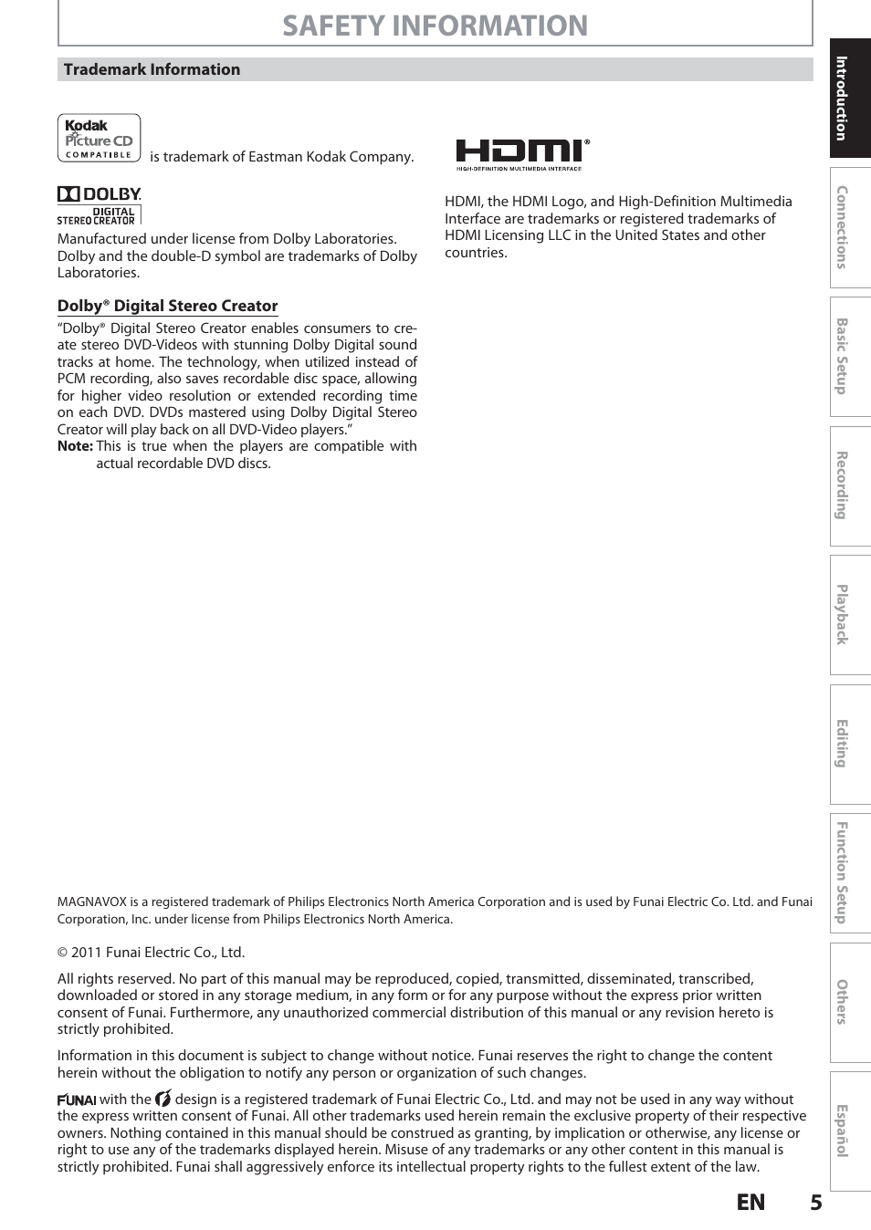 Safety information, 5en 5 en | Philips Magnavox Hdd& Dvd Player/Recorder With Digital Tuner F7 User Manual | Page 5 / 128