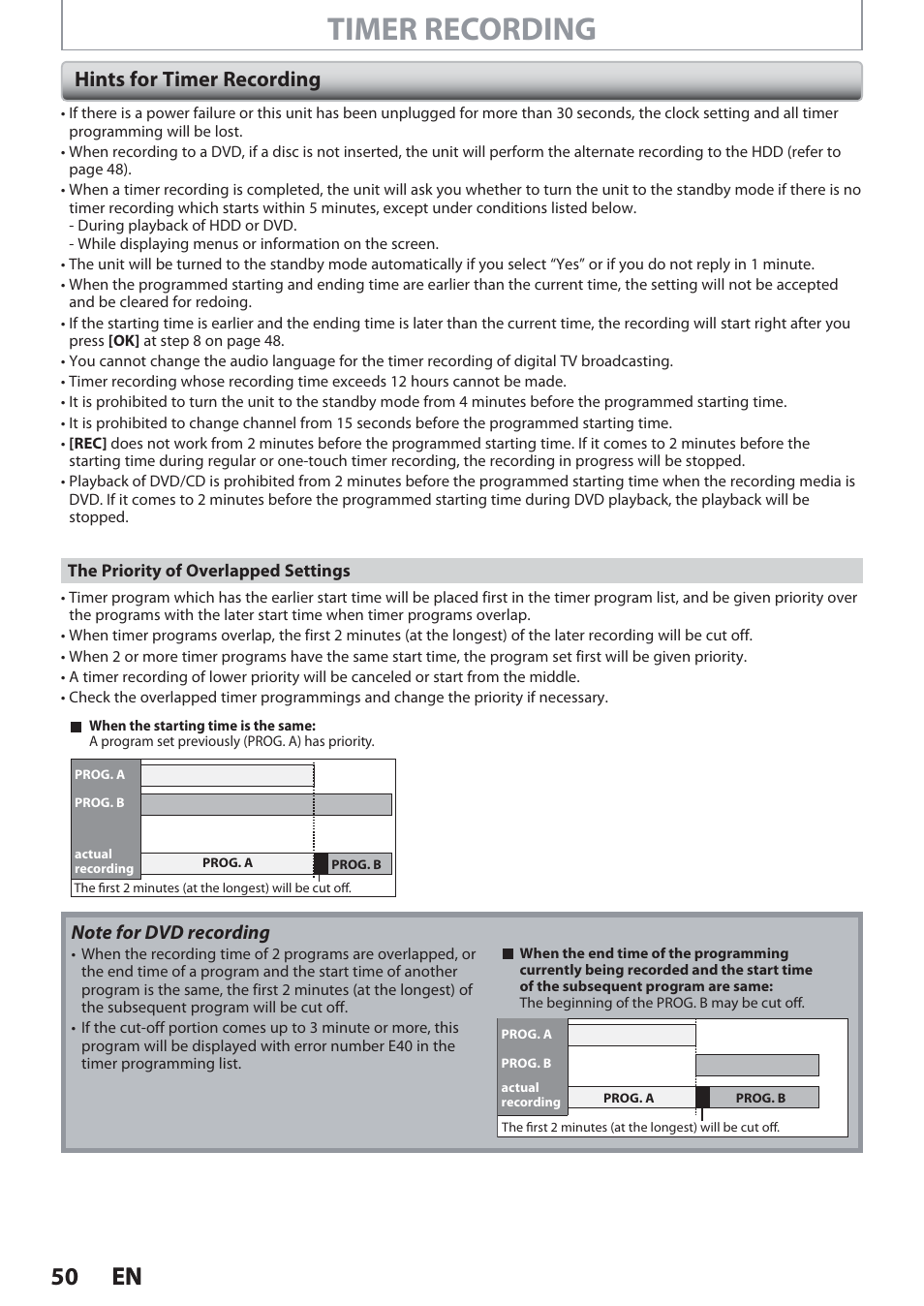 Hints for timer recording, Timer recording, 50 en 50 en | Philips Magnavox Hdd& Dvd Player/Recorder With Digital Tuner F7 User Manual | Page 50 / 128