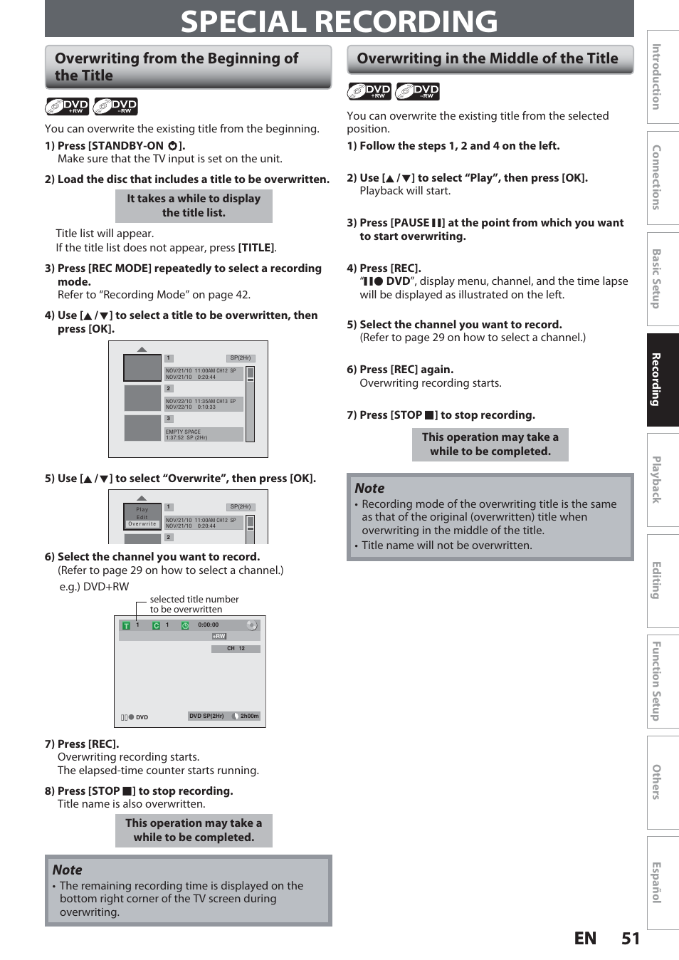 Special recording, Overwriting from the beginning of the title, Overwriting in the middle of the title | 51 en 51 en | Philips Magnavox Hdd& Dvd Player/Recorder With Digital Tuner F7 User Manual | Page 51 / 128