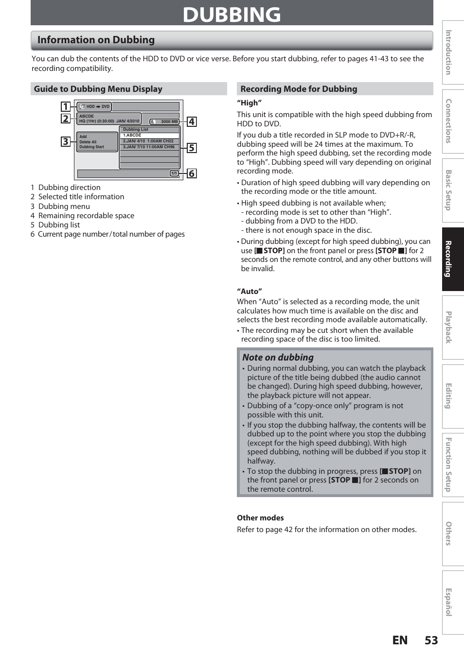 Dubbing, Information on dubbing, 53 en 53 en | Philips Magnavox Hdd& Dvd Player/Recorder With Digital Tuner F7 User Manual | Page 53 / 128