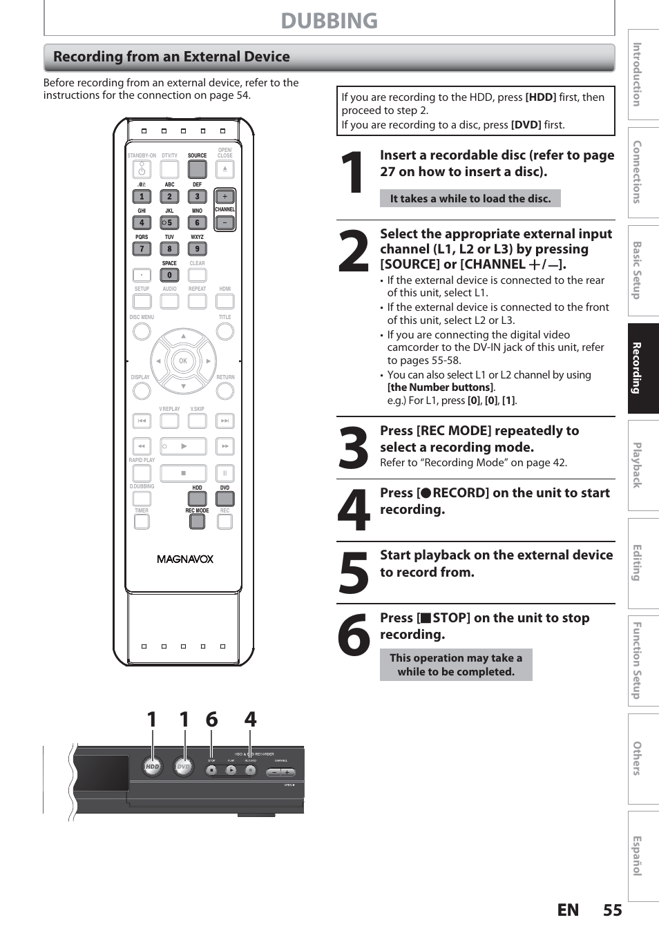 Recording from an external device, Dubbing, 55 en 55 en | Philips Magnavox Hdd& Dvd Player/Recorder With Digital Tuner F7 User Manual | Page 55 / 128