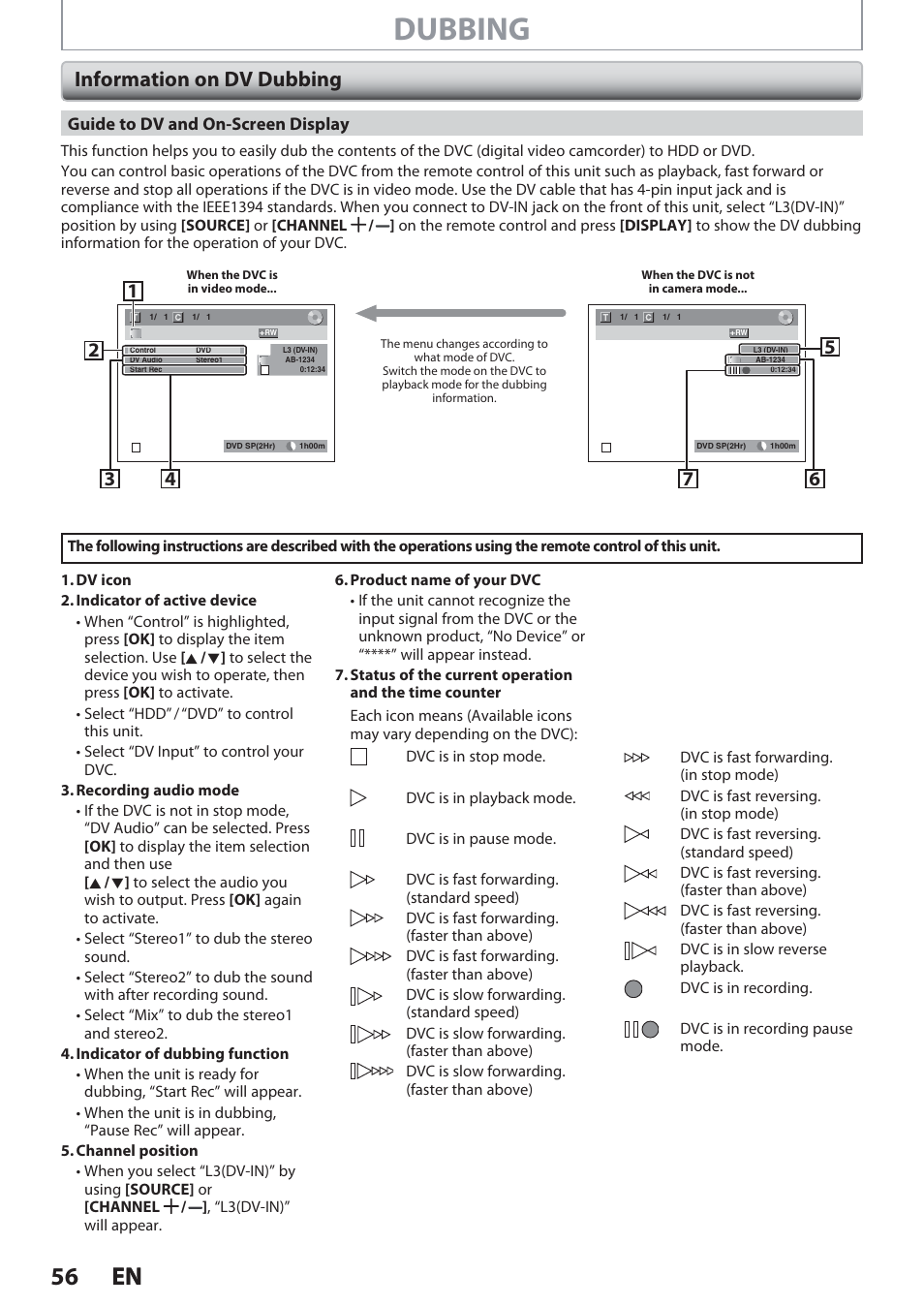 Information on dv dubbing, Dubbing, 56 en 56 en | Philips Magnavox Hdd& Dvd Player/Recorder With Digital Tuner F7 User Manual | Page 56 / 128