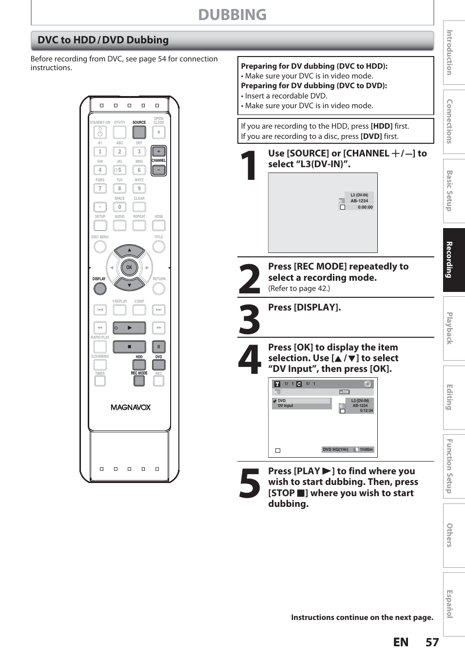 Dvc to hdd / dvd dubbing, Dubbing, 57 en 57 en | Philips Magnavox Hdd& Dvd Player/Recorder With Digital Tuner F7 User Manual | Page 57 / 128