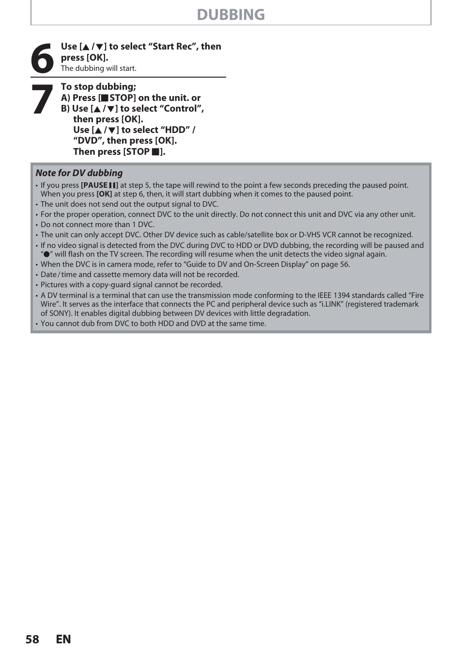 Dubbing | Philips Magnavox Hdd& Dvd Player/Recorder With Digital Tuner F7 User Manual | Page 58 / 128