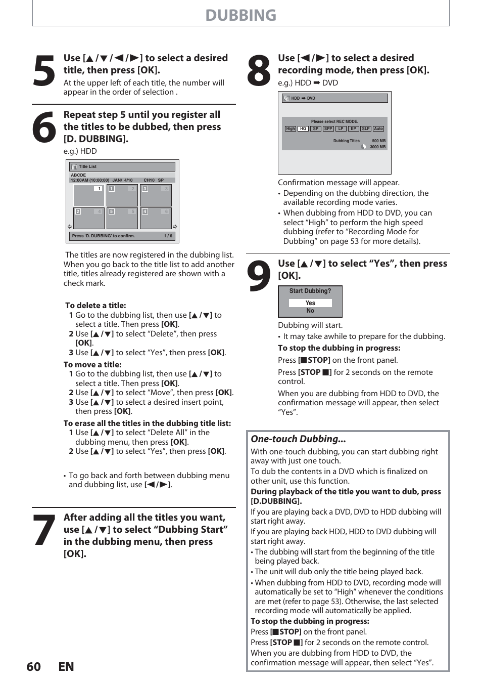 Dubbing, 60 en 60 en | Philips Magnavox Hdd& Dvd Player/Recorder With Digital Tuner F7 User Manual | Page 60 / 128