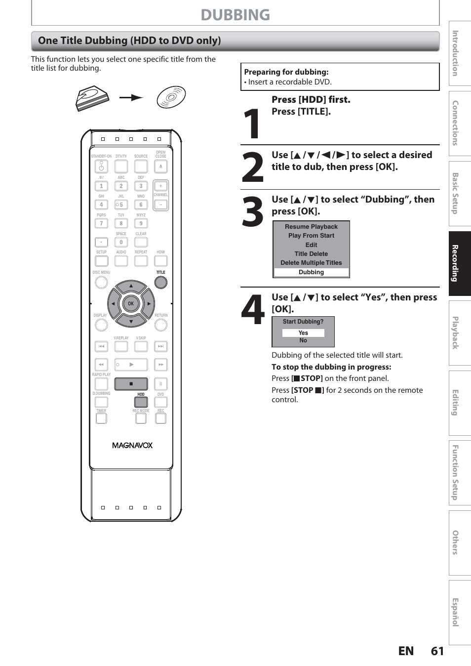 One title dubbing (hdd to dvd only), Dubbing, 61 en 61 en | Philips Magnavox Hdd& Dvd Player/Recorder With Digital Tuner F7 User Manual | Page 61 / 128