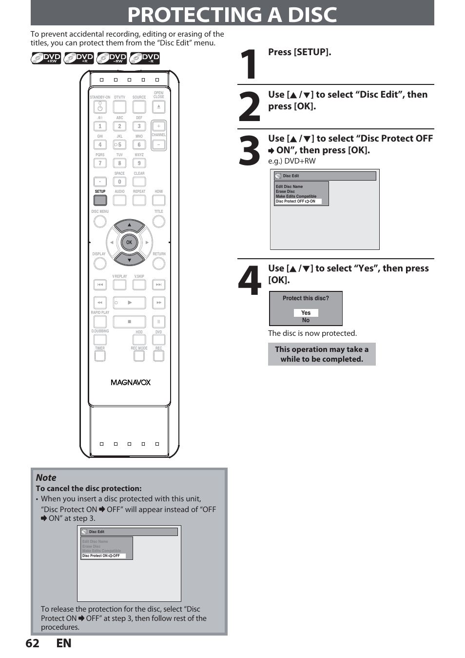 Protecting a disc, 62 en 62 en | Philips Magnavox Hdd& Dvd Player/Recorder With Digital Tuner F7 User Manual | Page 62 / 128