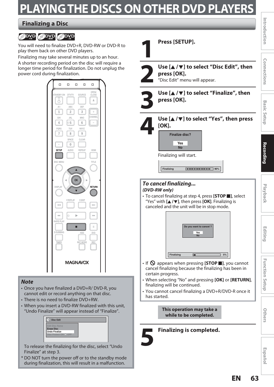 Playing the discs on other dvd players, Finalizing a disc, 63 en 63 en | Philips Magnavox Hdd& Dvd Player/Recorder With Digital Tuner F7 User Manual | Page 63 / 128