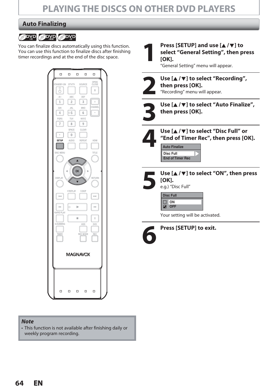 Auto finalizing, Playing the discs on other dvd players, 64 en 64 en | Philips Magnavox Hdd& Dvd Player/Recorder With Digital Tuner F7 User Manual | Page 64 / 128