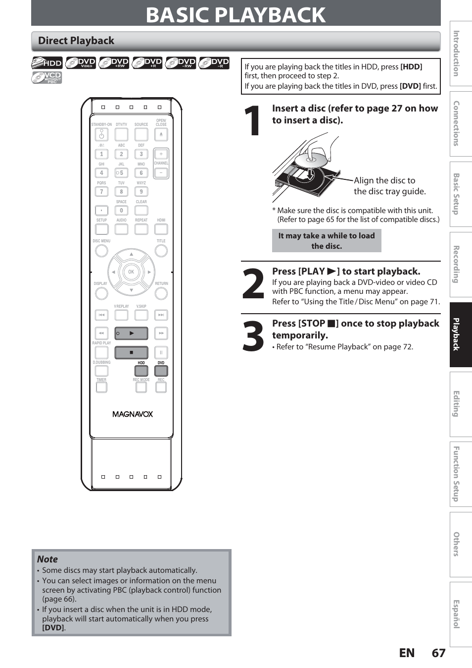 Basic playback, Direct playback, 67 en 67 en | Philips Magnavox Hdd& Dvd Player/Recorder With Digital Tuner F7 User Manual | Page 67 / 128