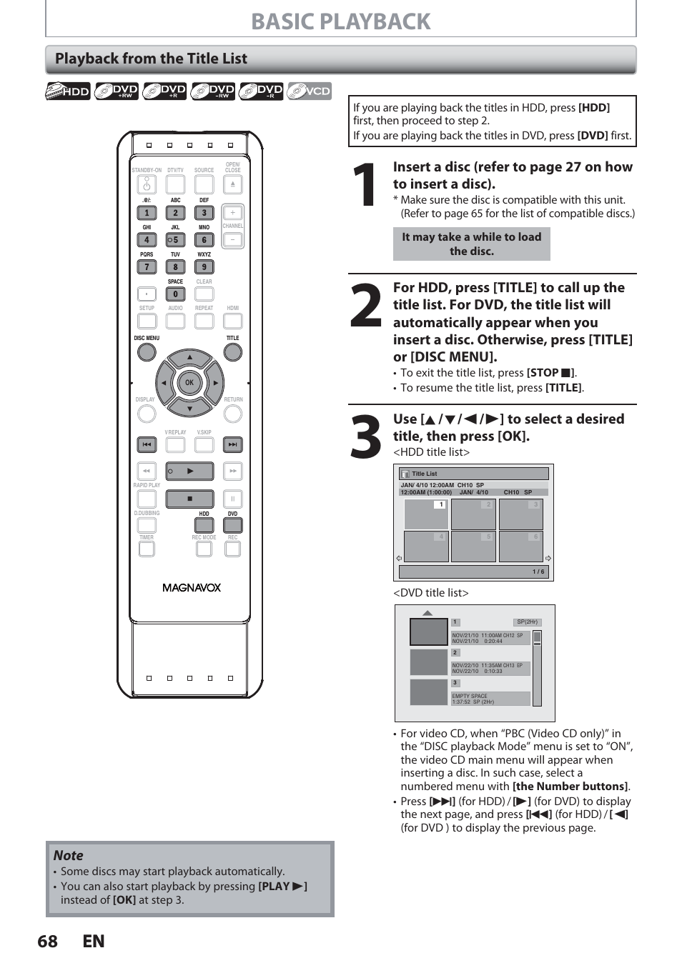 Playback from the title list, Basic playback, 68 en 68 en | Philips Magnavox Hdd& Dvd Player/Recorder With Digital Tuner F7 User Manual | Page 68 / 128