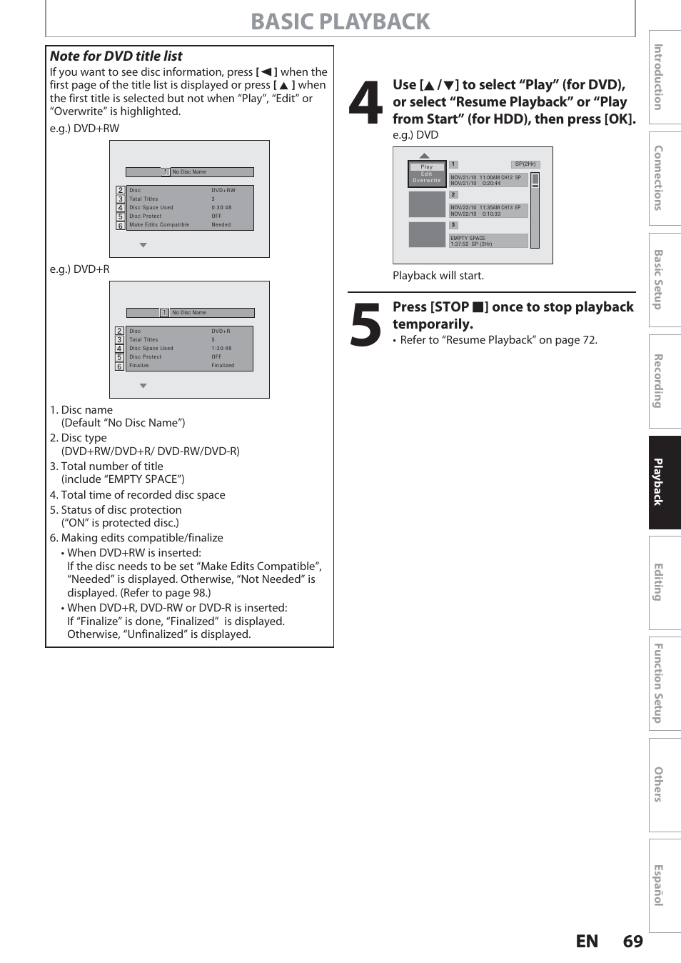 Basic playback, 69 en 69 en, Press [stop c ] once to stop playback temporarily | Philips Magnavox Hdd& Dvd Player/Recorder With Digital Tuner F7 User Manual | Page 69 / 128