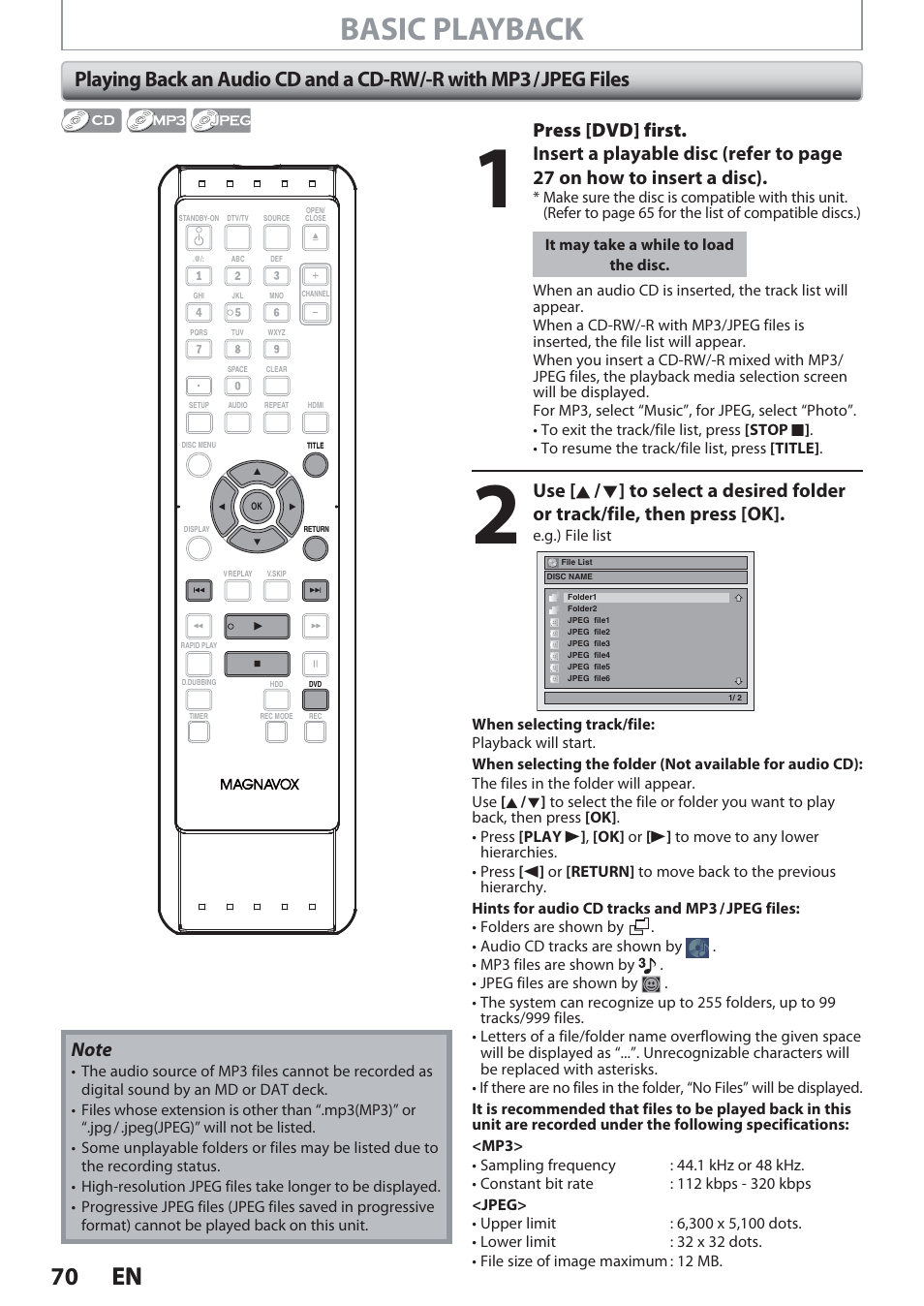 Basic playback, 70 en 70 en, Press [dvd] first | Philips Magnavox Hdd& Dvd Player/Recorder With Digital Tuner F7 User Manual | Page 70 / 128