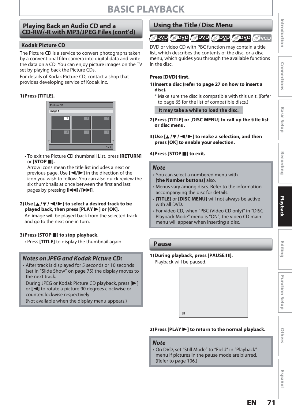 Using the title / disc menu, Pause, Basic playback | 71 en 71 en | Philips Magnavox Hdd& Dvd Player/Recorder With Digital Tuner F7 User Manual | Page 71 / 128