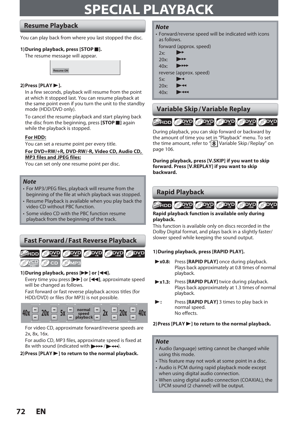 Special playback, Resume playback, Fast forward / fast reverse playback | Variable skip / variable replay, Rapid playback, 72 en 72 en | Philips Magnavox Hdd& Dvd Player/Recorder With Digital Tuner F7 User Manual | Page 72 / 128