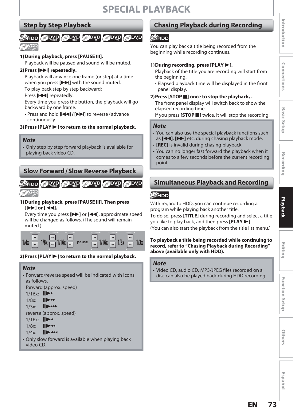 Step by step playback, Slow forward / slow reverse playback, Chasing playback during recording | Simultaneous playback and recording, Special playback, 73 en 73 en, 1/8x | Philips Magnavox Hdd& Dvd Player/Recorder With Digital Tuner F7 User Manual | Page 73 / 128