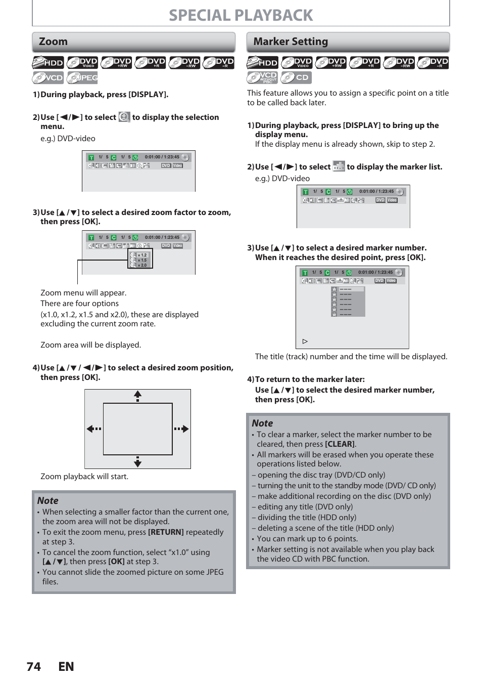 Zoom, Marker setting, Special playback | 74 en 74 en | Philips Magnavox Hdd& Dvd Player/Recorder With Digital Tuner F7 User Manual | Page 74 / 128