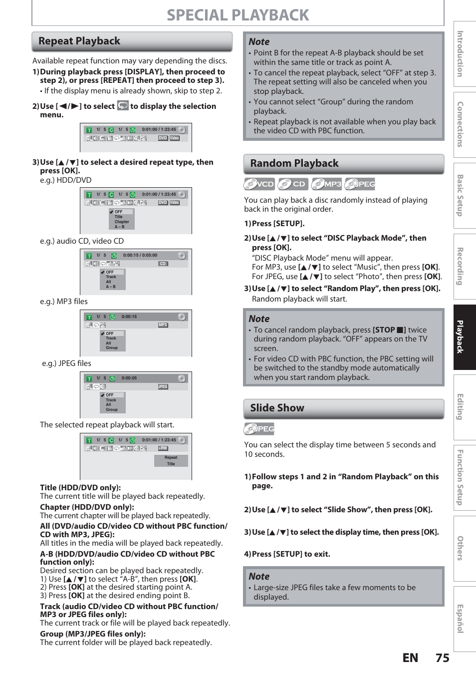 Repeat playback, Random playback, Slide show | Special playback, 75 en 75 en, Repeat playback random playback | Philips Magnavox Hdd& Dvd Player/Recorder With Digital Tuner F7 User Manual | Page 75 / 128