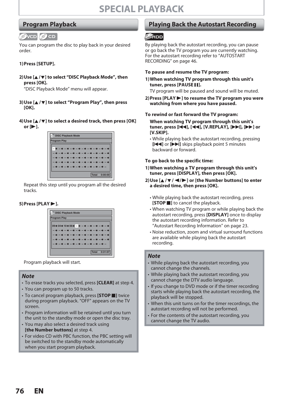 Program playback, Playing back the autostart recording, Special playback | 76 en 76 en, Program playback will start | Philips Magnavox Hdd& Dvd Player/Recorder With Digital Tuner F7 User Manual | Page 76 / 128