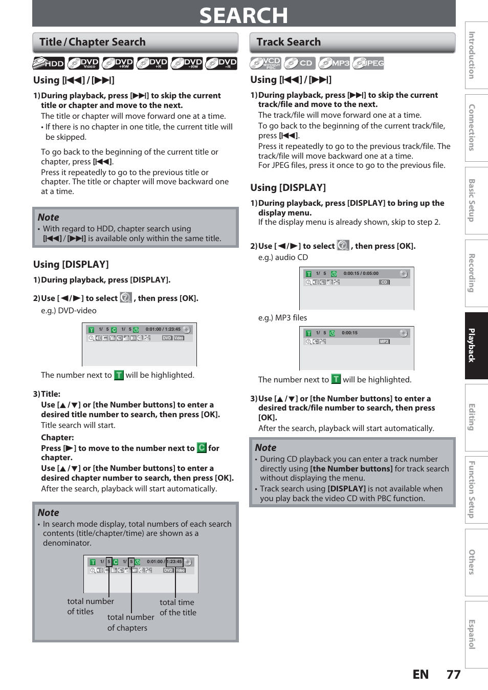 Search, Title / chapter search, Track search | 77 en 77 en, Using [ h ] / [ g, Using [display | Philips Magnavox Hdd& Dvd Player/Recorder With Digital Tuner F7 User Manual | Page 77 / 128