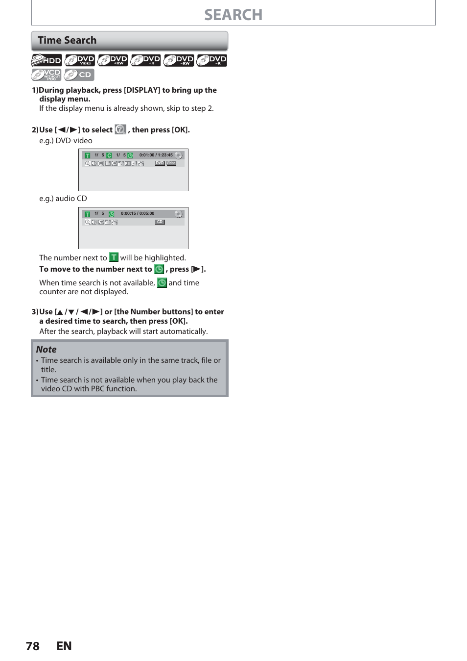 Time search, Search, 78 en 78 en | Philips Magnavox Hdd& Dvd Player/Recorder With Digital Tuner F7 User Manual | Page 78 / 128