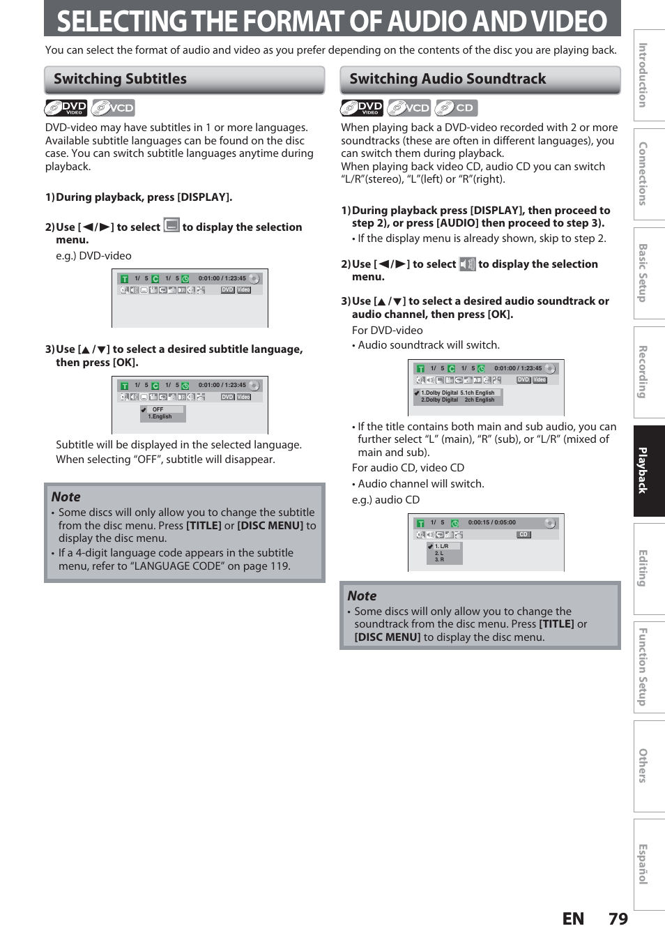 Selecting the format of audio and video, Switching subtitles, Switching audio soundtrack | 79 en 79 en | Philips Magnavox Hdd& Dvd Player/Recorder With Digital Tuner F7 User Manual | Page 79 / 128