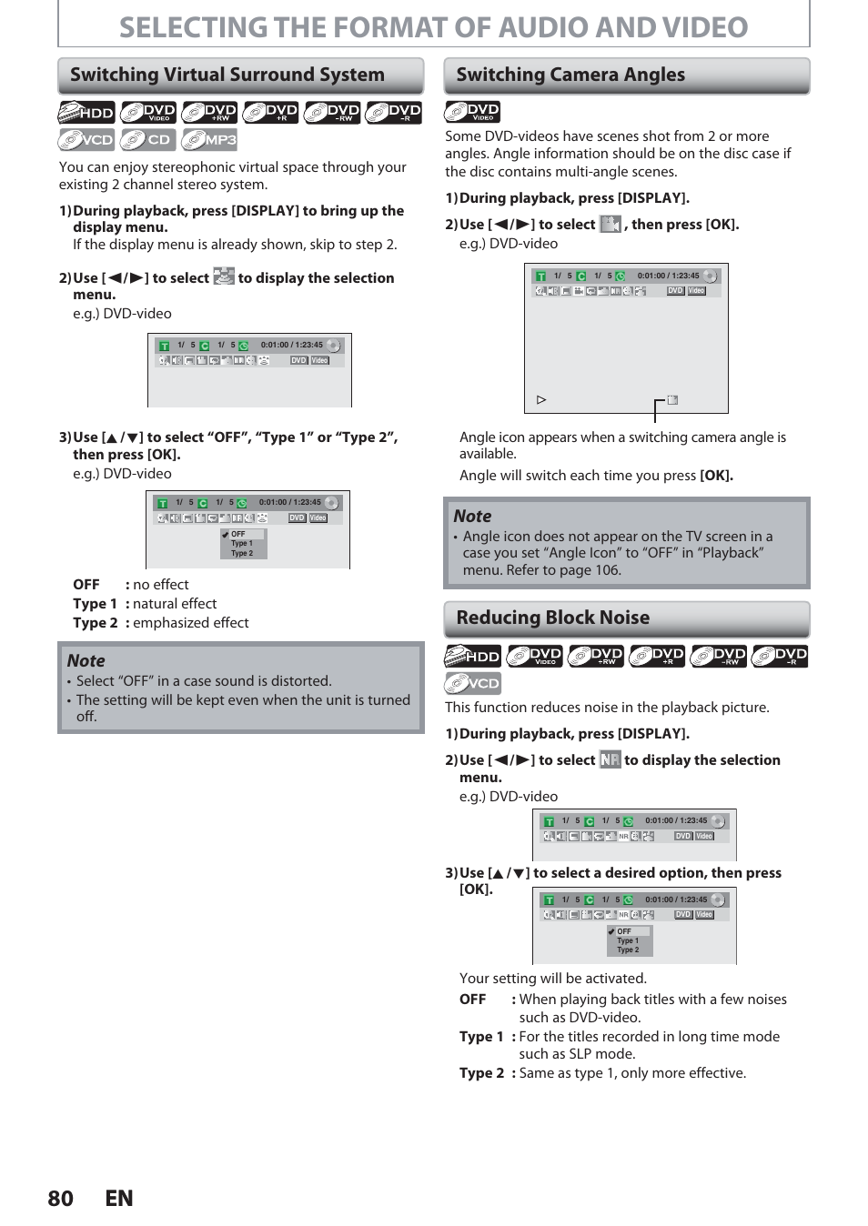 Switching virtual surround system, Switching camera angles, Reducing block noise | Selecting the format of audio and video, 80 en 80 en, Switching camera angles reducing block noise | Philips Magnavox Hdd& Dvd Player/Recorder With Digital Tuner F7 User Manual | Page 80 / 128