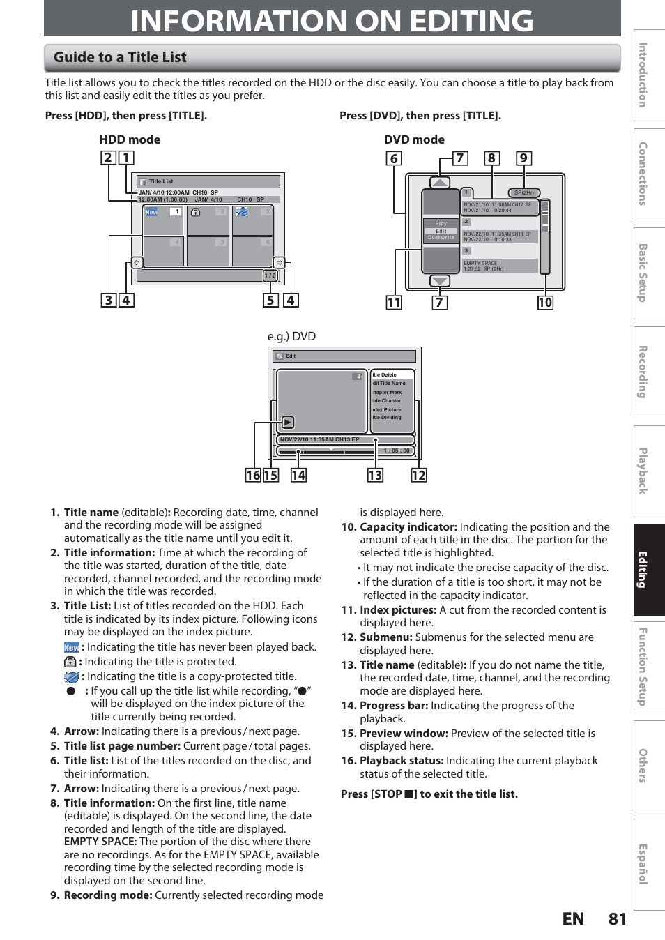 Information on editing, Guide to a title list, 81 en 81 en | Philips Magnavox Hdd& Dvd Player/Recorder With Digital Tuner F7 User Manual | Page 81 / 128