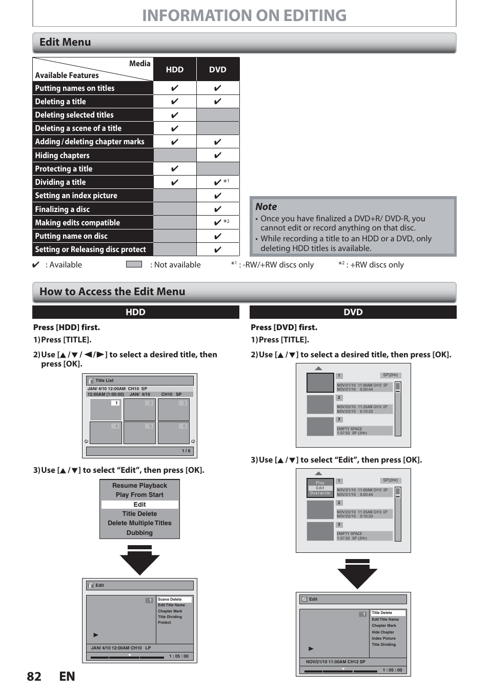 Edit menu, How to access the edit menu, Information on editing | 82 en 82 en, Dvd hdd | Philips Magnavox Hdd& Dvd Player/Recorder With Digital Tuner F7 User Manual | Page 82 / 128