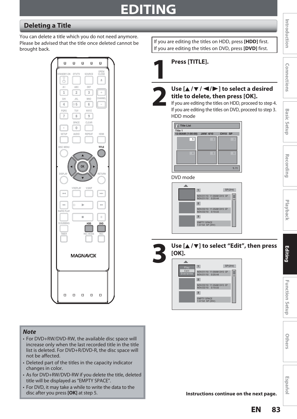 Editing, Deleting a title, 83 en 83 en | Press [title, Use [ k / l ] to select “edit”, then press [ok | Philips Magnavox Hdd& Dvd Player/Recorder With Digital Tuner F7 User Manual | Page 83 / 128