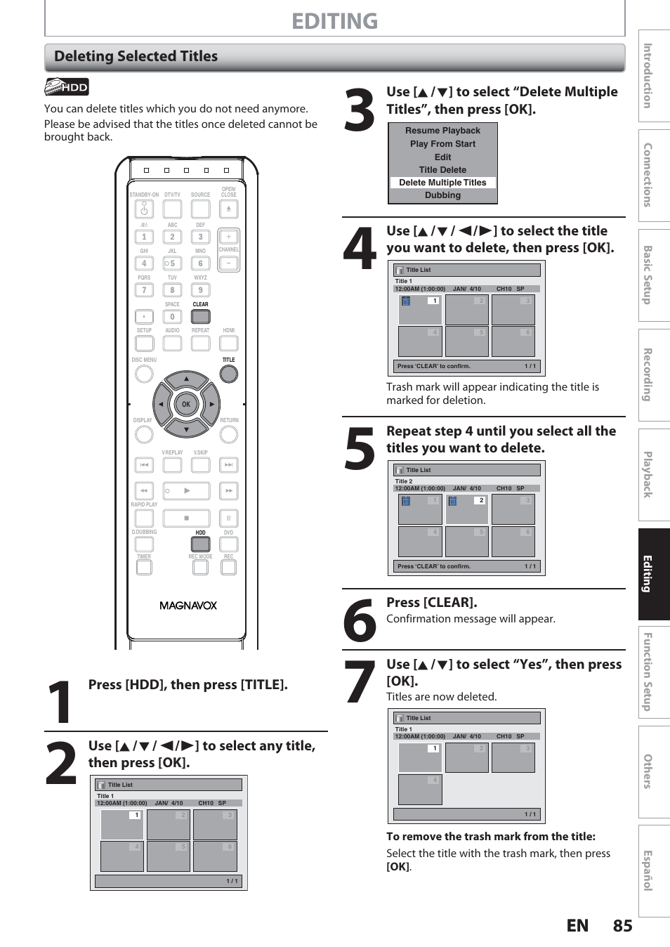 Deleting selected titles, Editing, 85 en 85 en | Press [clear, Use [ k / l ] to select “yes”, then press [ok, Press [hdd], then press [title | Philips Magnavox Hdd& Dvd Player/Recorder With Digital Tuner F7 User Manual | Page 85 / 128