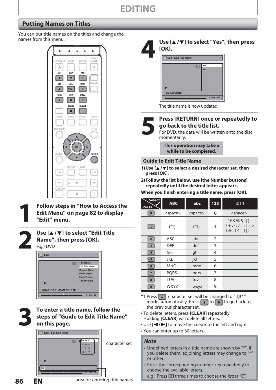 Putting names on titles, Editing, 86 en 86 en | Use [ k / l ] to select “yes”, then press [ok | Philips Magnavox Hdd& Dvd Player/Recorder With Digital Tuner F7 User Manual | Page 86 / 128