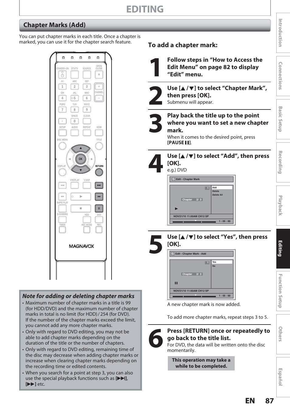 Chapter marks (add), Editing, 87 en 87 en | Chapter marks (add) to add a chapter mark | Philips Magnavox Hdd& Dvd Player/Recorder With Digital Tuner F7 User Manual | Page 87 / 128