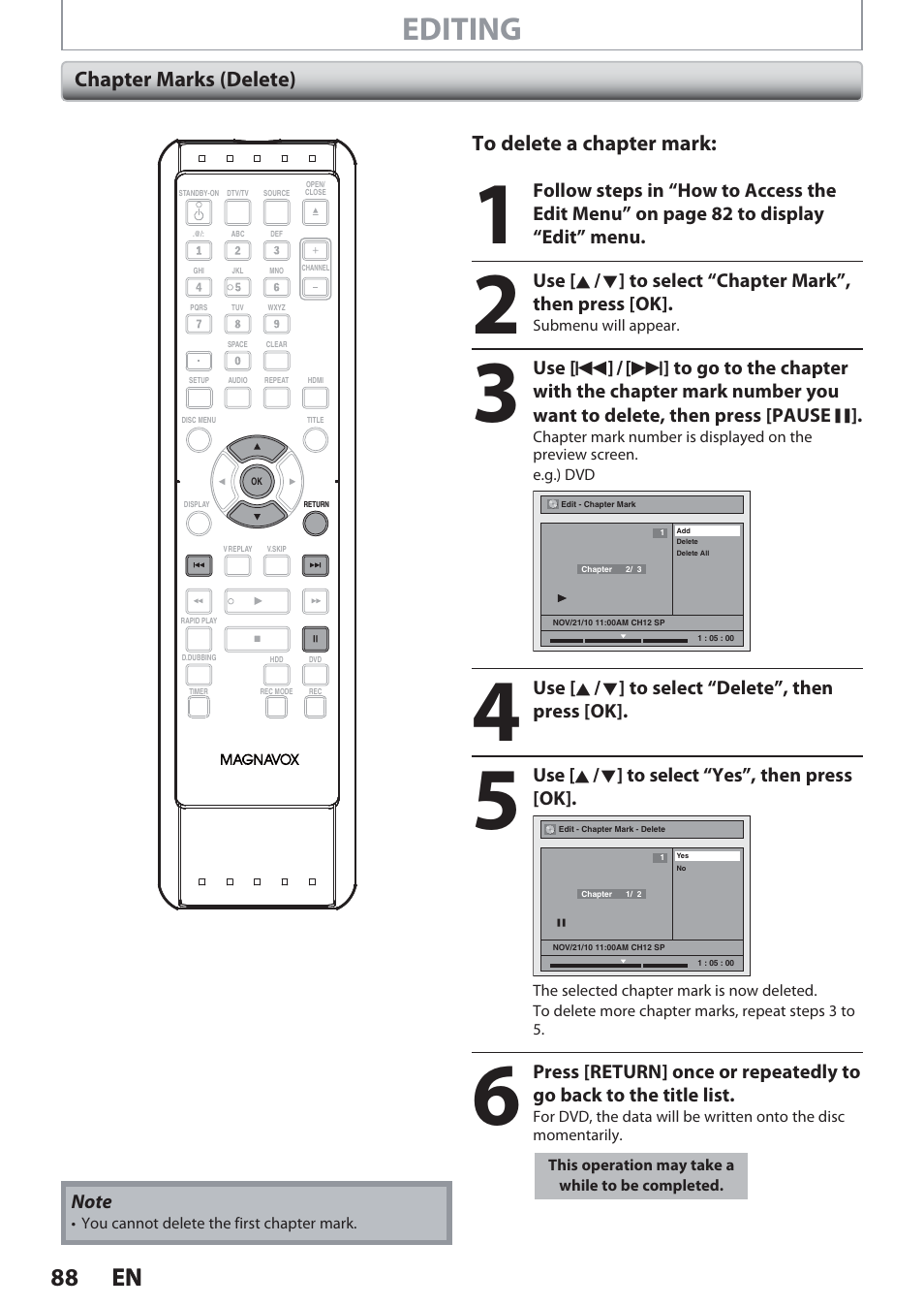 Chapter marks (delete), Editing, 88 en 88 en | Chapter marks (delete) to delete a chapter mark | Philips Magnavox Hdd& Dvd Player/Recorder With Digital Tuner F7 User Manual | Page 88 / 128