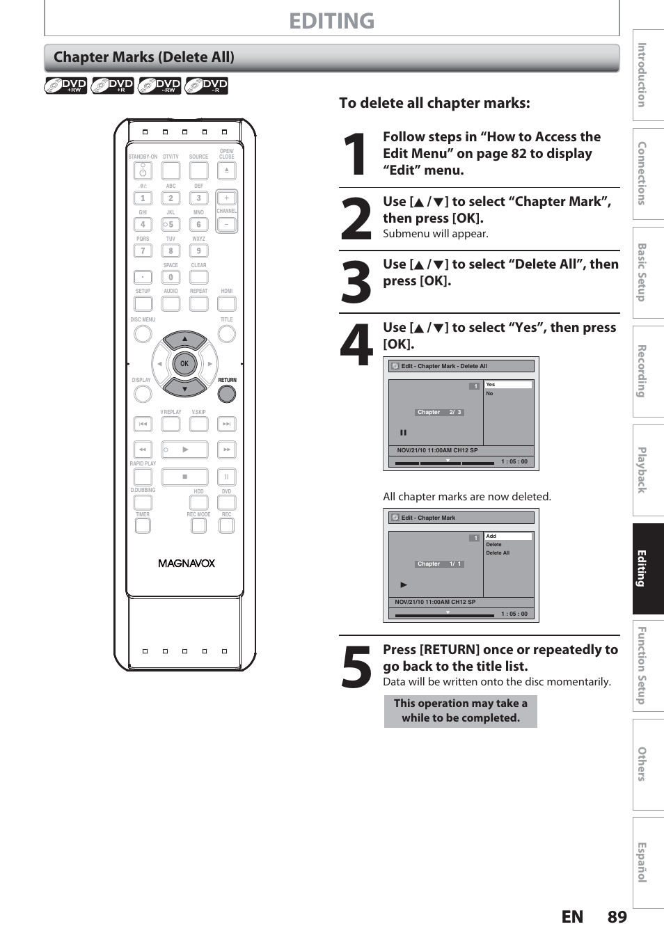 Chapter marks (delete all), Editing, 89 en 89 en | Philips Magnavox Hdd& Dvd Player/Recorder With Digital Tuner F7 User Manual | Page 89 / 128