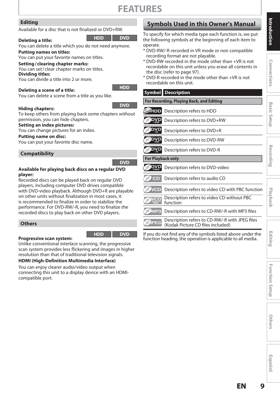 Symbols used in this owner's manual, Features, 9en 9 en | Philips Magnavox Hdd& Dvd Player/Recorder With Digital Tuner F7 User Manual | Page 9 / 128