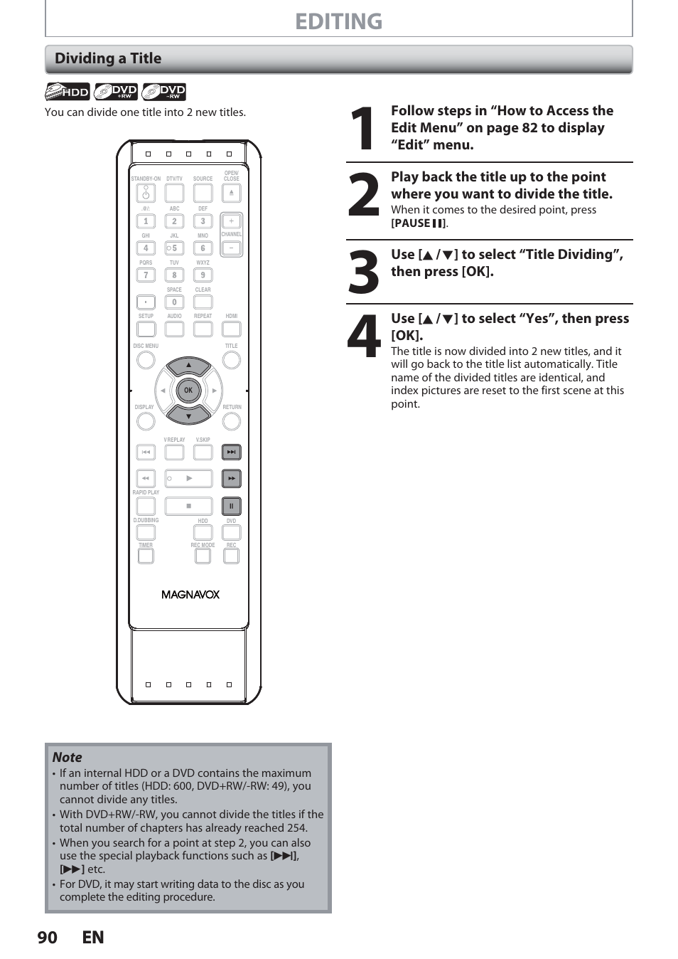 Dividing a title, Editing, 90 en 90 en | Philips Magnavox Hdd& Dvd Player/Recorder With Digital Tuner F7 User Manual | Page 90 / 128