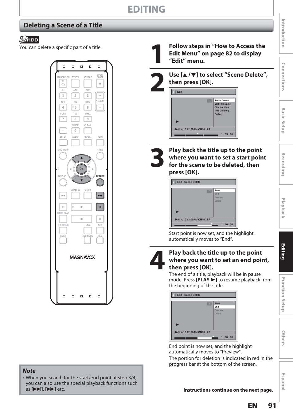 Deleting a scene of a title, Editing, 91 en 91 en | Philips Magnavox Hdd& Dvd Player/Recorder With Digital Tuner F7 User Manual | Page 91 / 128